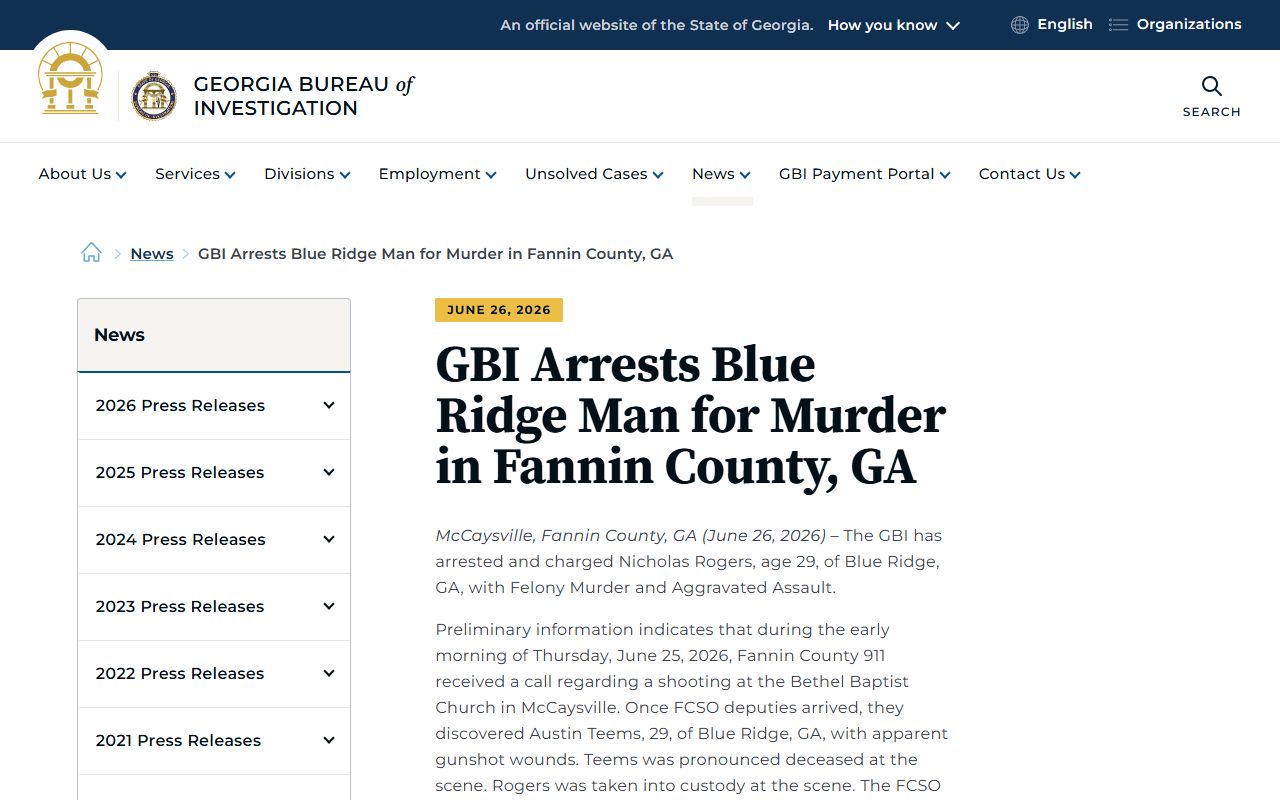 Fannin County criminal court records GBI Blue Ridge murder arrest release